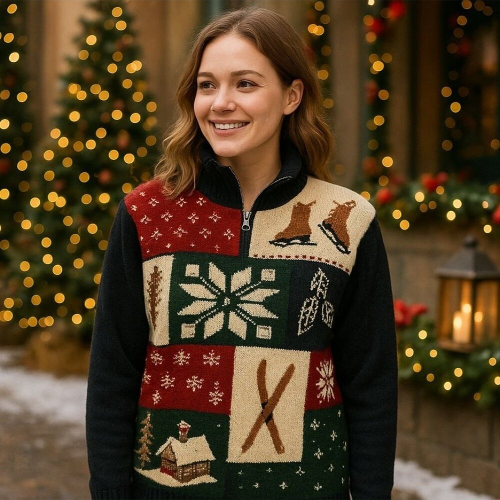 Lambswool Winter Patchwork Sweater Ski Lodge Snow… - image 1